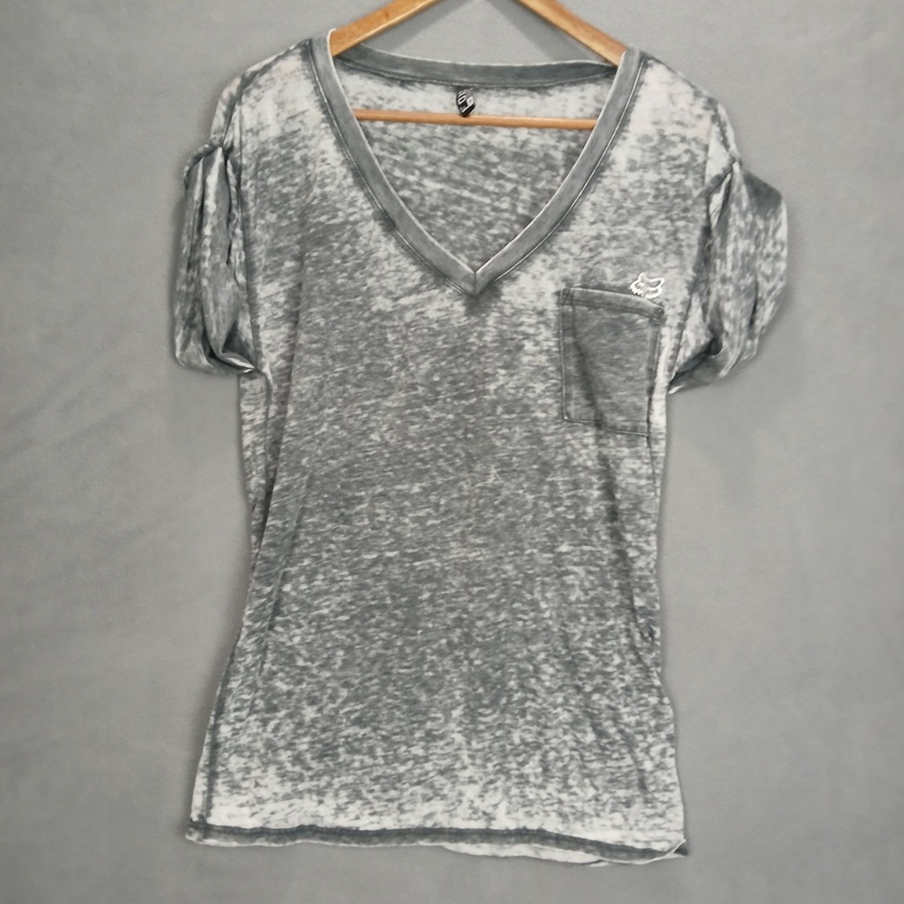 Fox‎ Pocket T Shirt Womens Medium Gray Stretch V Neck Cap Sleeves Streetwear